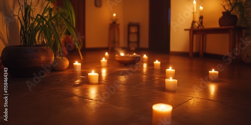 Candles illuminate a serene atmosphere within a sacred space, showcasing the tranquil beauty of candlelight. The fire of candles creates a warm ambiance, enhancing the spiritual experience. photo