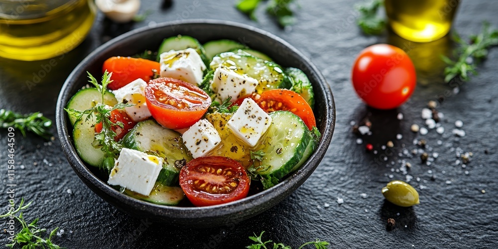 Greek salad featuring a colorful mix of tomato, cucumber, feta cheese, and olive oil presented on a black stone table. This Greek salad is perfect for healthy meals and gatherings. Greek salad featuring a colorful mix of tomato, cucumber, feta cheese, and olive oil presented on a black stone table. This Greek salad is perfect for healthy meals and gatherings.