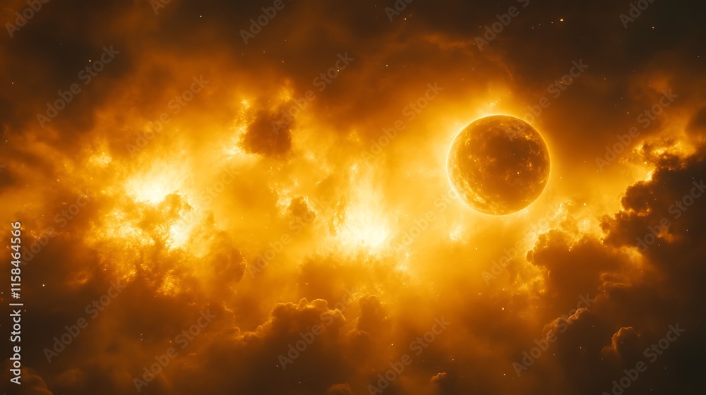 Obraz premium Fiery orange nebula with planet.