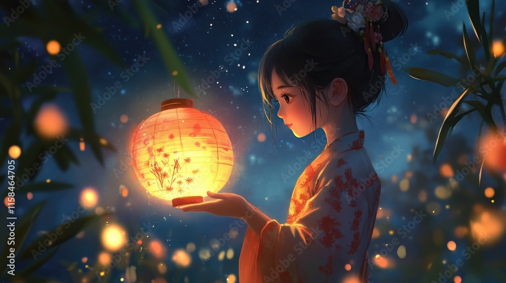 Fototapeta premium A serene image of a Chinese girl with a delicate lantern, standing under the night sky, illuminated by its soft, colorful glow