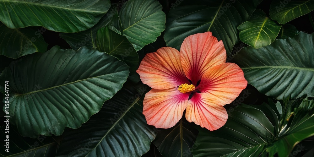 A vibrant and beautiful flower enhances the frame of lush leaves, creating an eye catching natural scene. This stunning composition showcases the bright flower amidst the leafy backdrop. A vibrant and beautiful flower enhances the frame of lush leaves, creating an eye catching natural scene. This stunning composition showcases the bright flower amidst the leafy backdrop.