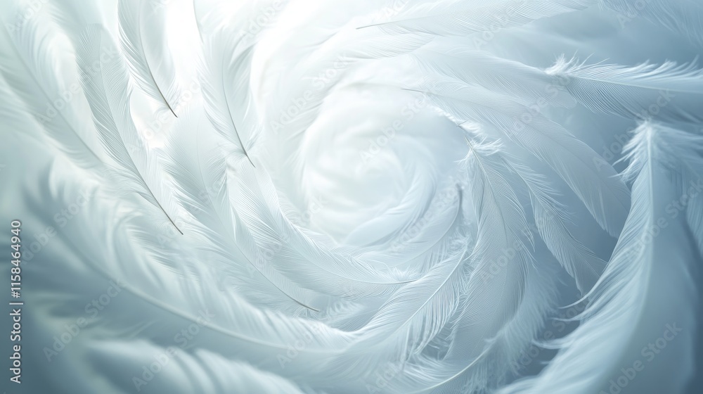 Obraz premium A serene image of white feathers gently floating in a spiral pattern, conveying a sense of lightness, peace, and tranquility