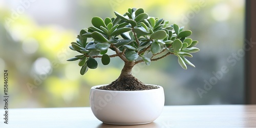 Stylish money tree showcasing Crassula, also known as Crassula Sunshine, presented in a bonsai style. This unique indoor plant adds charm and elegance to any space, making it a stylish choice. photo