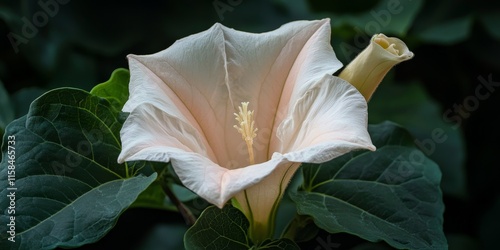 Stunning large trumpet shaped flower, showcasing soft cream to delicate pink hues, elegantly set against a backdrop of dark green leaves, creating a beautiful floral composition. photo