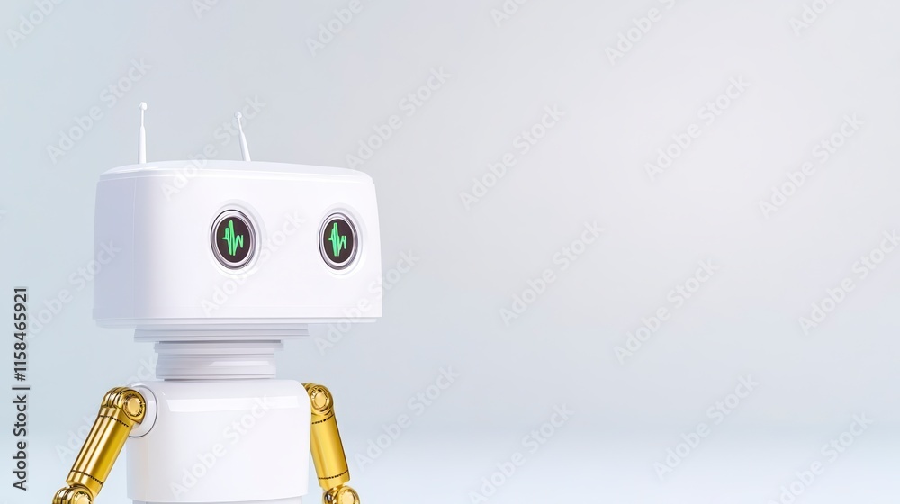 Fototapeta premium A cute robot character with green eyes and metallic arms, set against a minimalist background, suggesting technology and creativity.