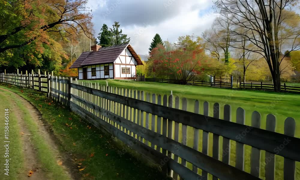 A classic wooden fence surrounding a charming country cottage..mp4 A classic wooden fence surrounding a charming country cottage..mp4