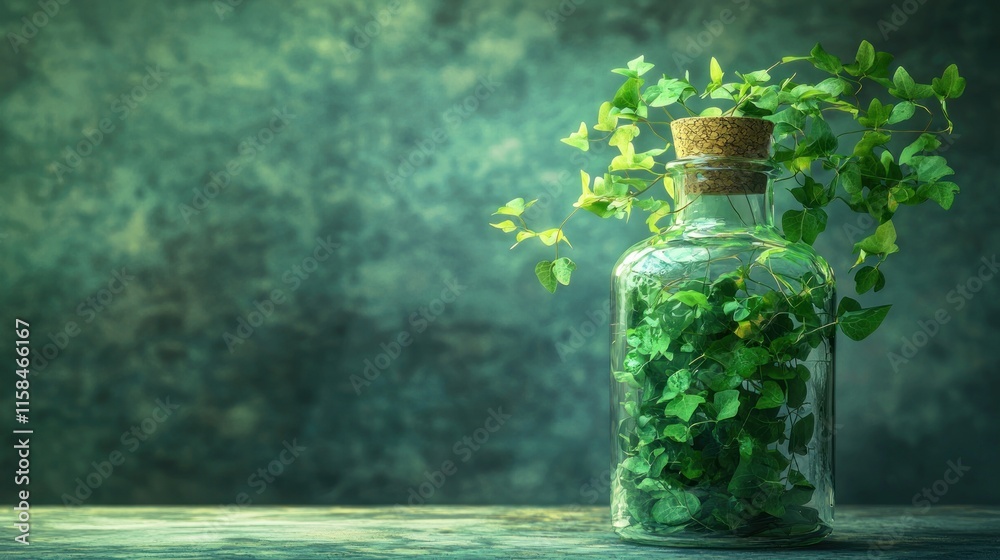 A glass bottle filled with greenery, symbolizing nature and tranquility. A glass bottle filled with greenery, symbolizing nature and tranquility.