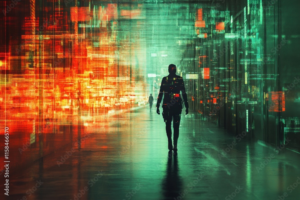 A figure walks through a corridor filled with vibrant data streams and visual representations of cyber risks in a high-tech digital landscape A figure walks through a corridor filled with vibrant data streams and visual representations of cyber risks in a high-tech digital landscape