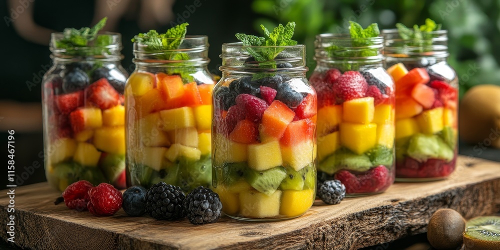 Exotic fruits salad beautifully arranged in mason jars on a rustic wooden board, showcasing the vibrant colors and textures of each exotic fruit in an appealing display. Exotic fruits salad beautifully arranged in mason jars on a rustic wooden board, showcasing the vibrant colors and textures of each exotic fruit in an appealing display.