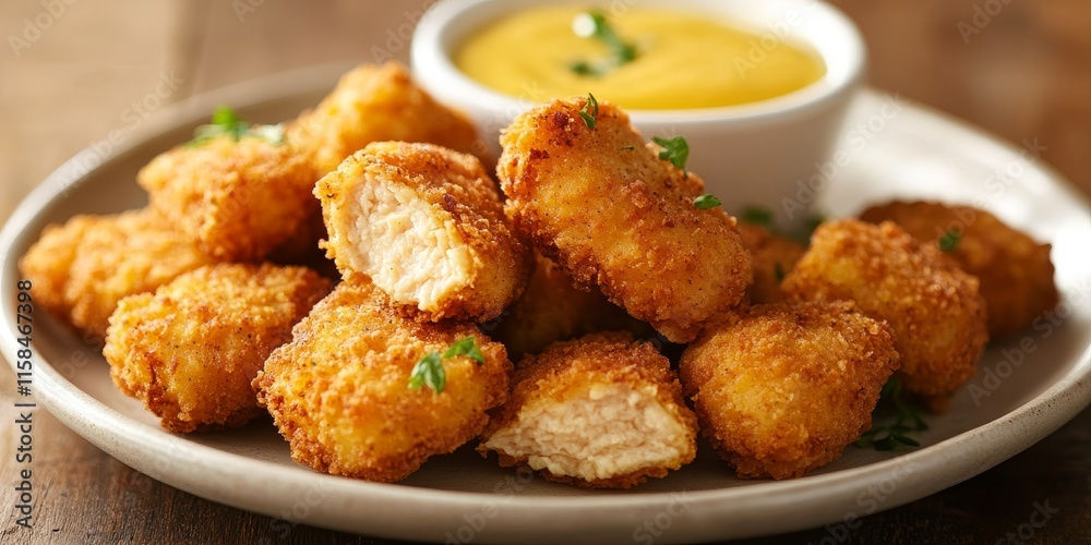 Crispy breaded chicken nuggets served with a unique special mustard sauce, perfect for dipping and enjoying. These delicious breaded chicken nuggets are a favorite for any occasion. Crispy breaded chicken nuggets served with a unique special mustard sauce, perfect for dipping and enjoying. These delicious breaded chicken nuggets are a favorite for any occasion.
