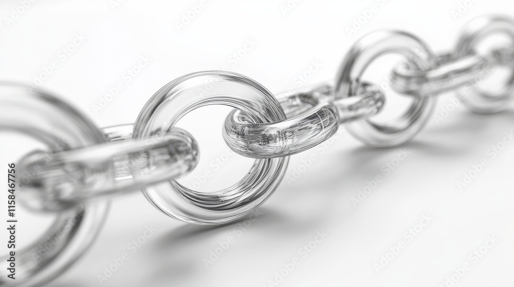Obraz premium A close-up of a transparent chain link, emphasizing its smooth surface and interconnected design, set against a minimalist white background.