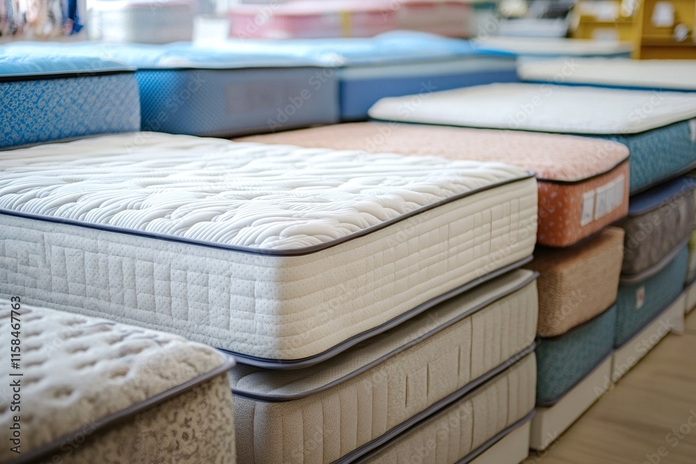 Stacked mattresses in various colors and textures fill a furniture store, providing customers with an extensive selection for achieving a restful and comfortable sleep experience Stacked mattresses in various colors and textures fill a furniture store, providing customers with an extensive selection for achieving a restful and comfortable sleep experience