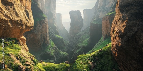 Mysterious mountain gorge featuring stunning rock formations, set in an enchanting valley filled with ghostly landscapes, perfect for showcasing nature s beauty in a mountain gorge. photo