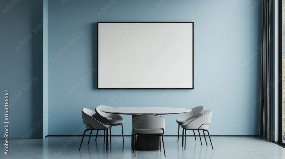 Fototapeta premium A sleek black rectangular frame mockup on a light blue dining room wall, with a round table and chairs beneath, creating a stylish and neutral backdrop