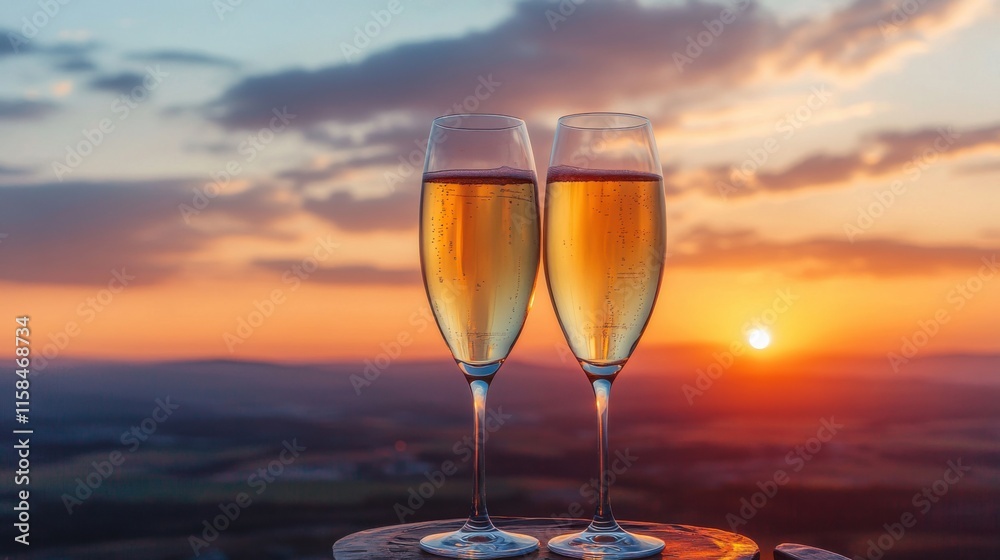 Romantic Sunset Toast: Two Champagne Flutes at Golden Hour with Stunning Views Romantic Sunset Toast: Two Champagne Flutes at Golden Hour with Stunning Views