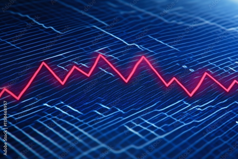Red lines are forming a graph showing negative trend on a digital blue background, representing investment loss, stock market crash, or economic decline Red lines are forming a graph showing negative trend on a digital blue background, representing investment loss, stock market crash, or economic decline