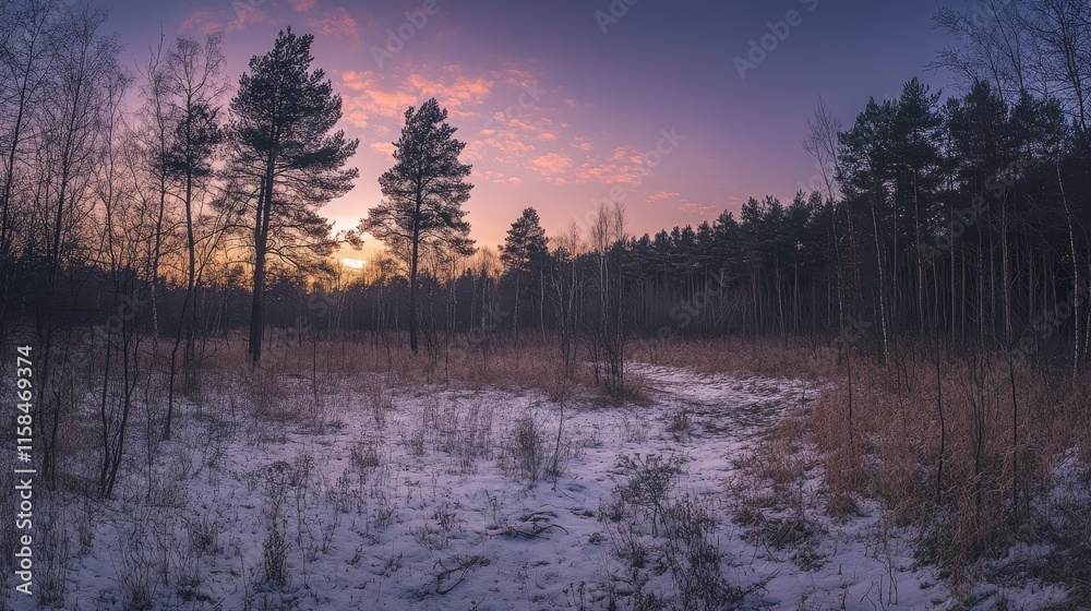 Fototapeta premium Stunning panoramic view of a serene wilderness natural forest during a winter sunset, showcasing the beauty of the wilderness and its tranquil atmosphere at dusk.