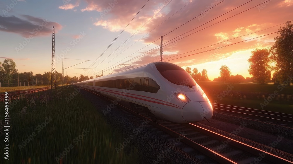 Fototapeta premium A sleek high-speed train speeding along the railway tracks, with a beautiful sunset sky and forest in the background, evoking motion and natural beauty