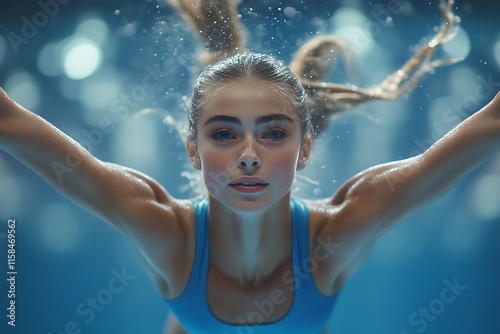 Young woman diving underwater, close-up. photo