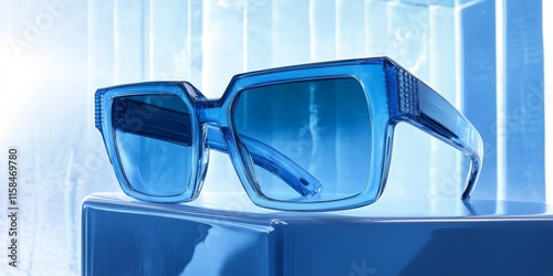 Obraz na płótnie A pair of cutting edge blue sunglasses are suspended in a contemporary setting, showcasing a stylish design for 2024. These sunglasses highlight the trendy 2024 fashion. w salonie