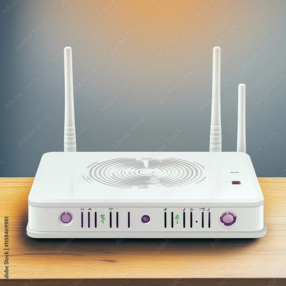 Obraz premium A sleek, modern white Wi-Fi router with antennas, set against a softly lit background, perfect for home connectivity.
