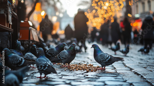 A group of pigeons eating nuts on the street, with many pedestrians walking around them photo