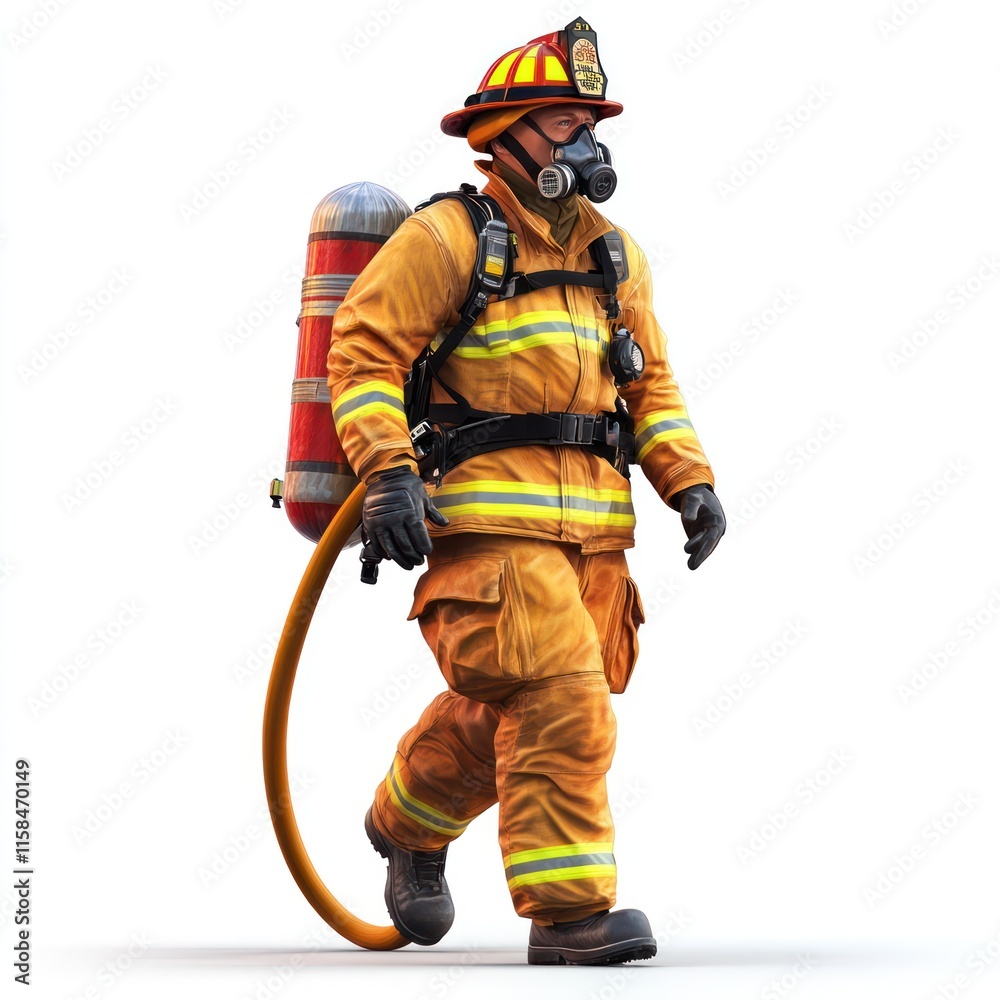 A firefighter in full gear, holding a fire hose. vector style art 3d illustration Isolated on White Background A firefighter in full gear, holding a fire hose. vector style art 3d illustration Isolated on White Background