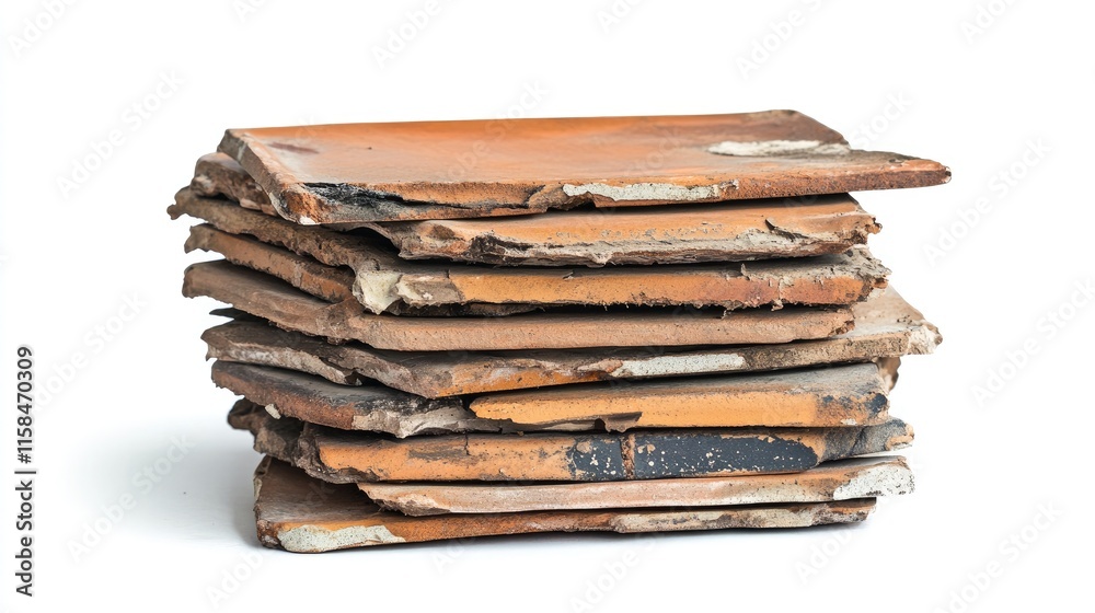 A stack of broken ceramic roof tiles with rough edges, showcasing their natural imperfections on a clean white background, ideal for textured design shots A stack of broken ceramic roof tiles with rough edges, showcasing their natural imperfections on a clean white background, ideal for textured design shots