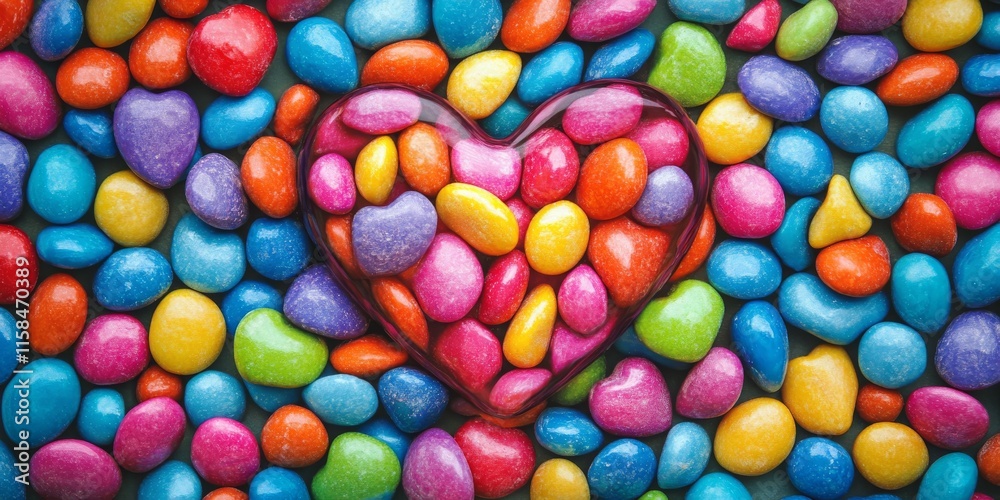 Obraz premium Colorful candy arranged in a heart shape creates a vibrant and playful background, perfect for conveying love and sweetness through delightful candy imagery. Captivating heart shaped candy backdrop.