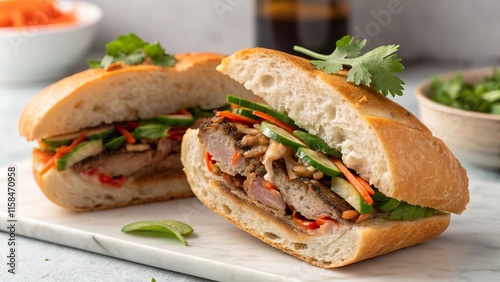 Savory nuoc cham drizzled banh mi sandwich showcasing its vibrant filling and fresh ingredients in a cozy cafe setting photo