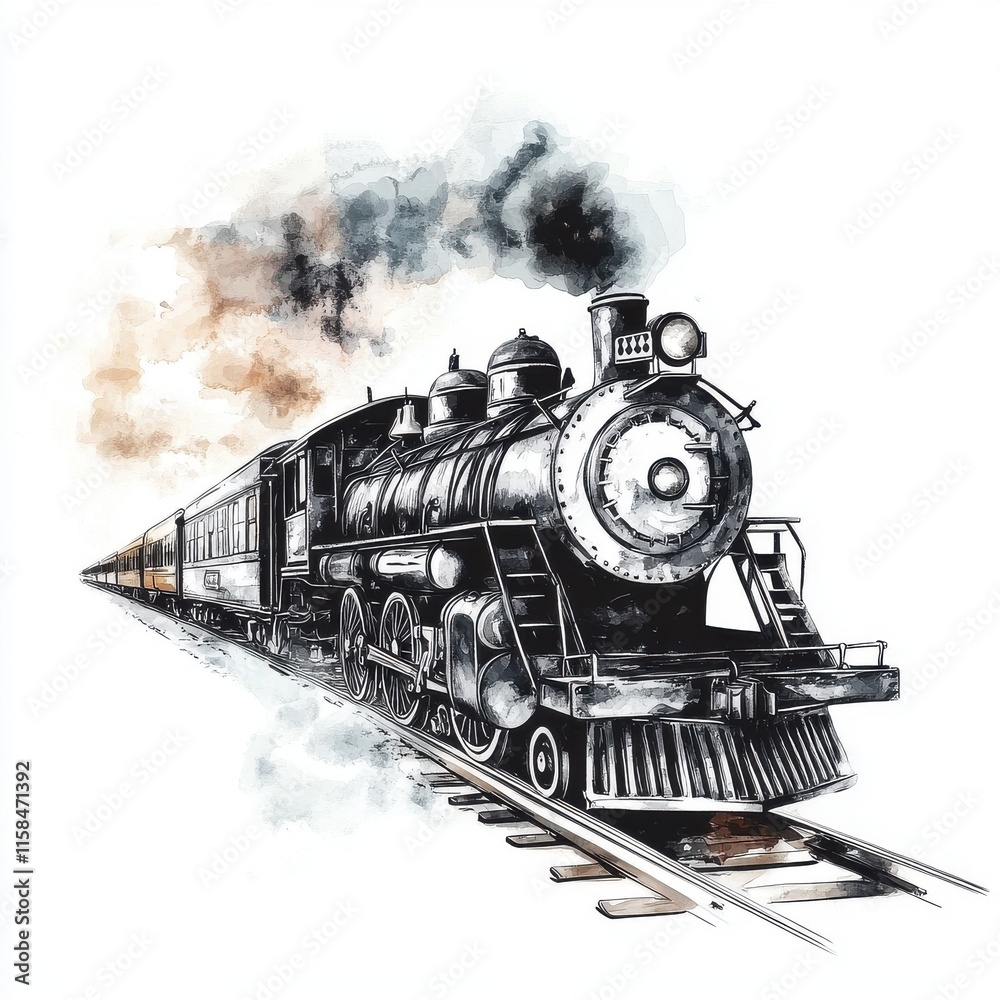 Fototapeta premium A classic steam locomotive chugging along the tracks, releasing clouds of smoke against a watercolor backdrop.