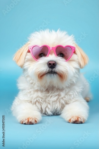 A fluffy white dog wearing pink heart-shaped sunglasses is lying down on a light blue background. Ideal for cute pet content, Valentine's Day, and stylish animal social media.
