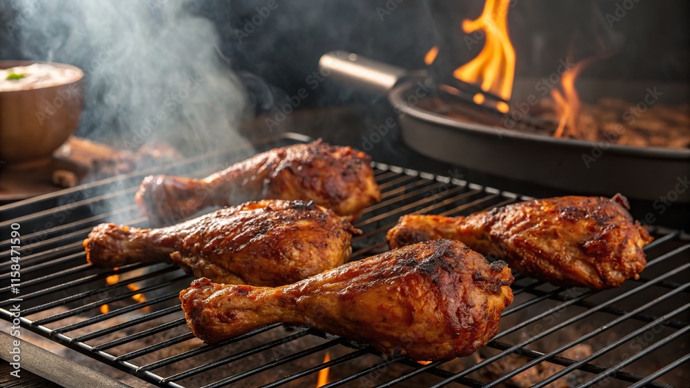 Grilling smoky barbecue chicken pieces with sizzling flames under the evening sky Grilling smoky barbecue chicken pieces with sizzling flames under the evening sky