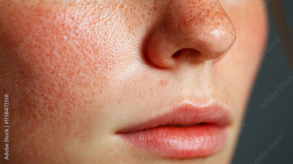 Fototapeta premium Close up of red irritated nose, emphasizing the discomfort and struggle of allergies or cold symptoms, highlighting the human vulnerability and resilience in the face of common ailments.