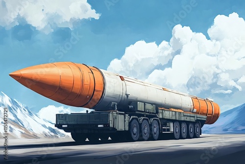 Intercontinental ballistic missile is being transported on a military truck, illustrating the concept of nuclear deterrence and global security threats in a remote, snowy mountain landscape photo