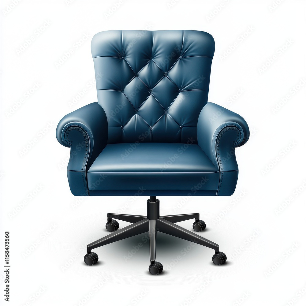 Naklejka premium Elegant blue leather office chair with tufted details, offering style and comfort in a modern workspace.