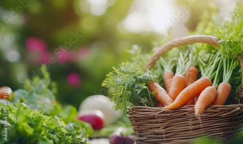 Bountiful harvest of fresh carrots in a rustic basket on wooden surface, Generative AI 