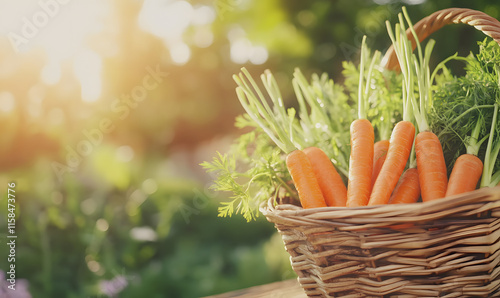Bountiful harvest of fresh carrots in a rustic basket on wooden surface, Generative AI 