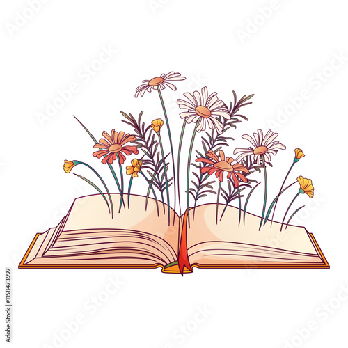 Decorative composition of open book with flowers. Hand-drawn vector illustration for decoration of bookstore, library, card design, poster. Book lover concept.