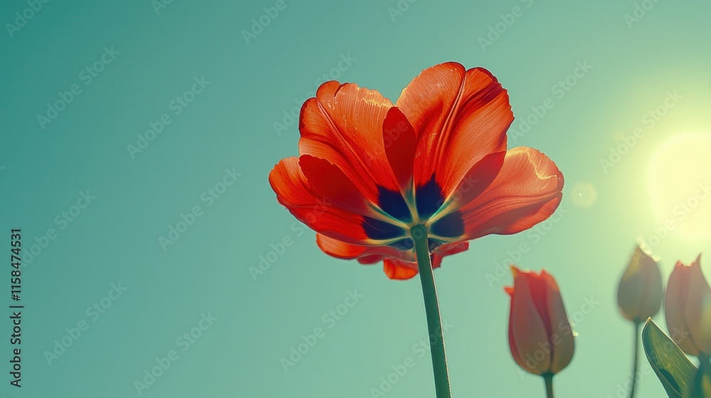 Fototapeta premium A vibrant red tulip blooms against a clear blue sky, illuminated by sunlight.