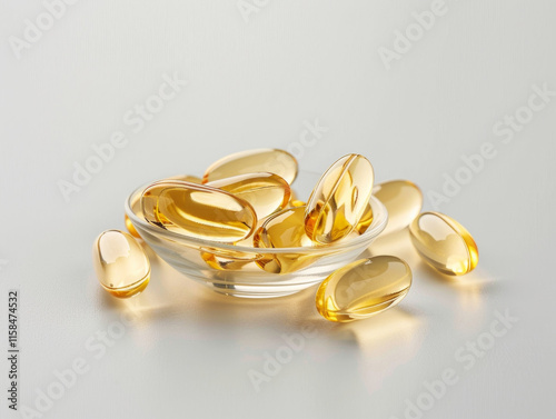 Golden transparent capsules on a light gray background. Fish oil and Omega 3 fats are good for the body. Maintaining women's health
