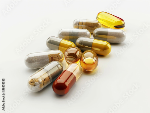 Golden transparent and brown capsules on a light gray background. Fish oil and Omega 3 fats, brewer's yeast. Vitamins for hair