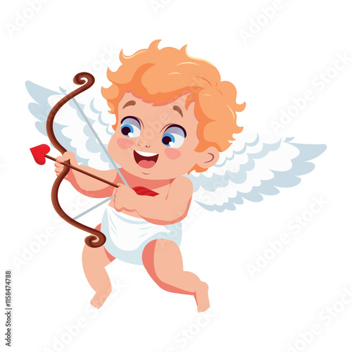 Cute funny little Cupid shooting arrow. Valentine's day romantic baby amur concept design. Vector charming heavenly cherub angel