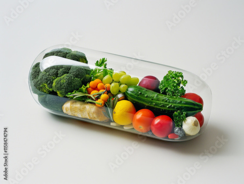 Transparent capsules with vegetables and fruits close-up on a gray background. A set of nutrients, minerals in one tablet. Multivitamins for a healthy lifestyle