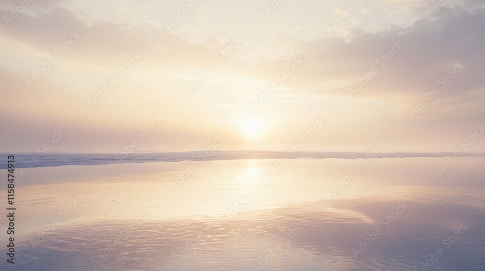 Fototapeta premium A serene sunrise over a calm ocean, reflecting soft pastel colors on the water's surface.