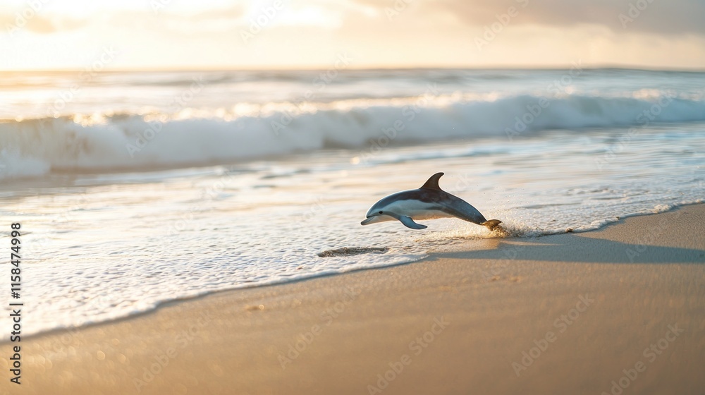 Naklejka premium A dolphin leaps gracefully over the ocean waves at sunset, showcasing nature's beauty.