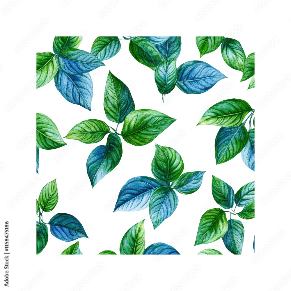 Fototapeta premium Watercolor Seamless Pattern of Lush Green and Teal Leaves on White Background