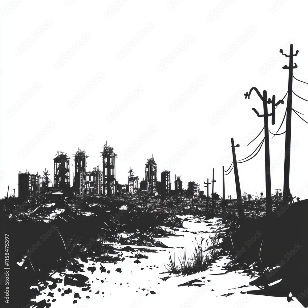 Obraz premium A stark black and white illustration of a post-apocalyptic cityscape with broken buildings and barren landscapes.