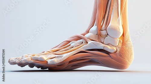 3D rendering of a human foot with muscles ligaments and bones visible