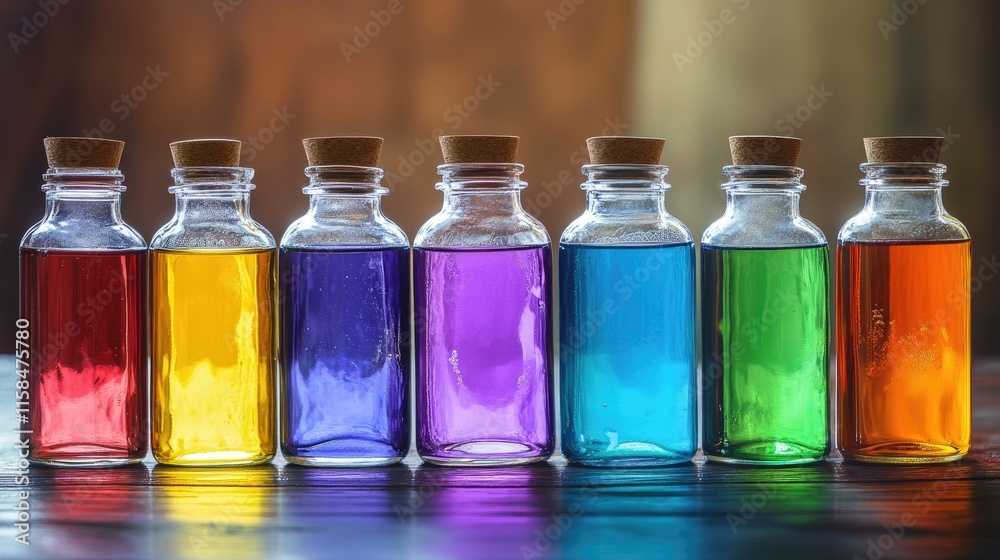 An artistic collection of glass jars filled with vivid liquids, arranged in a row, emphasizing color, texture, and visual appeal An artistic collection of glass jars filled with vivid liquids, arranged in a row, emphasizing color, texture, and visual appeal